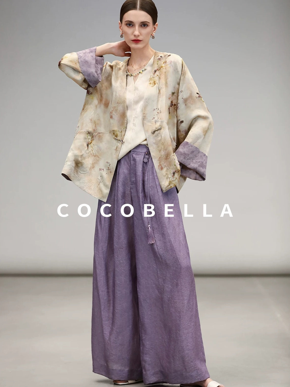 COCOBELLA Jacquard 3D Embellished Oriental Wide Leg Natural Waist Women Lyocell Pants