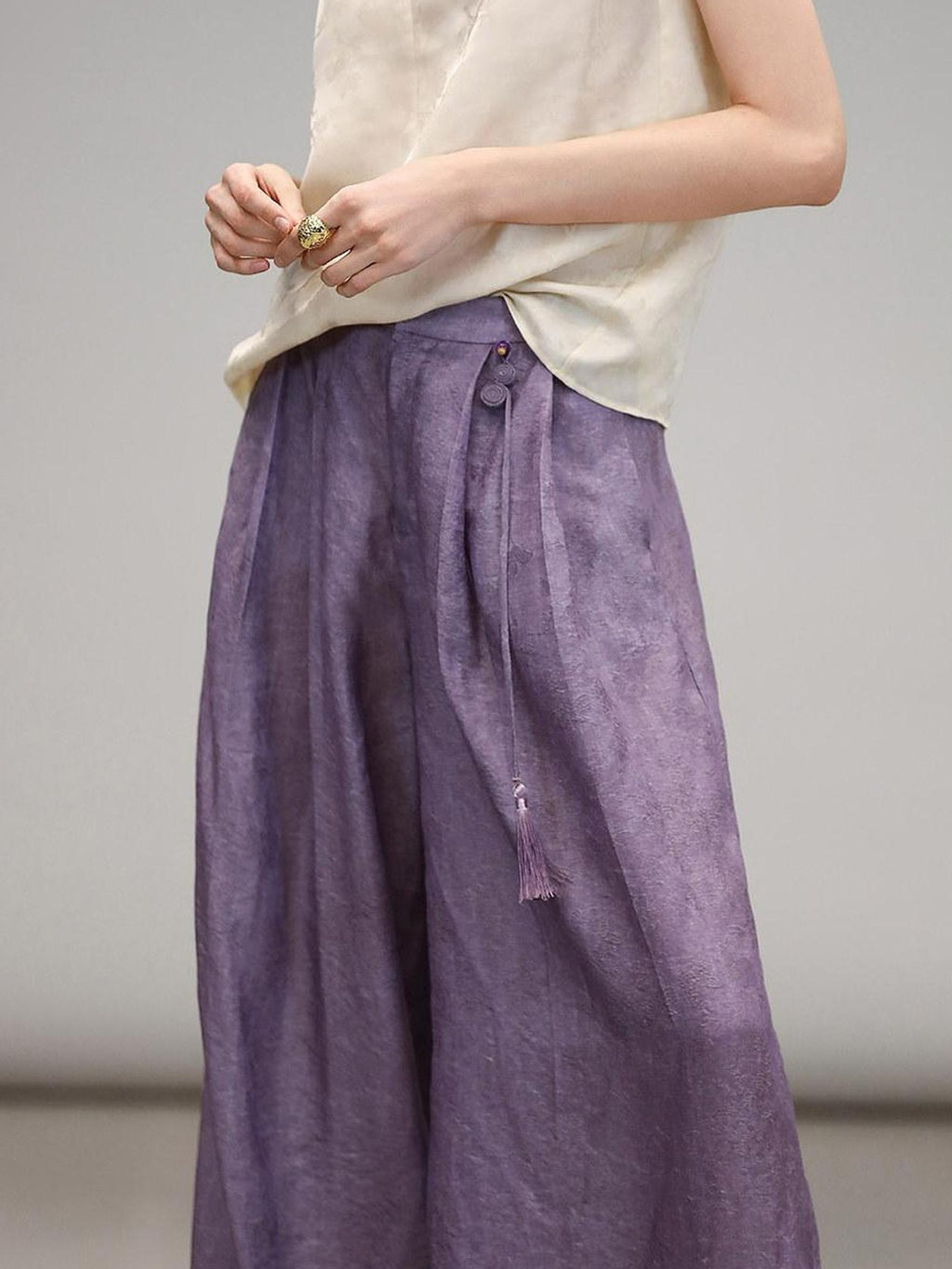 COCOBELLA Jacquard 3D Embellished Oriental Wide Leg Natural Waist Women Lyocell Pants