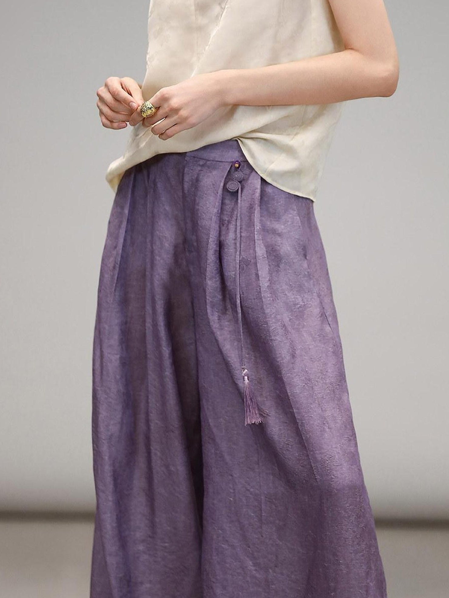 COCOBELLA Jacquard 3D Embellished Oriental Wide Leg Natural Waist Women Lyocell Pants