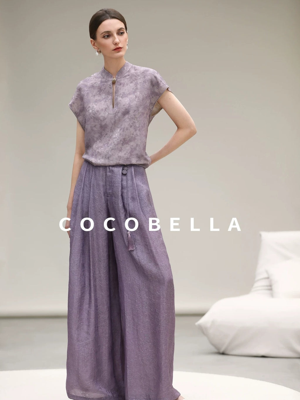 COCOBELLA Jacquard 3D Embellished Oriental Wide Leg Natural Waist Women Lyocell Pants