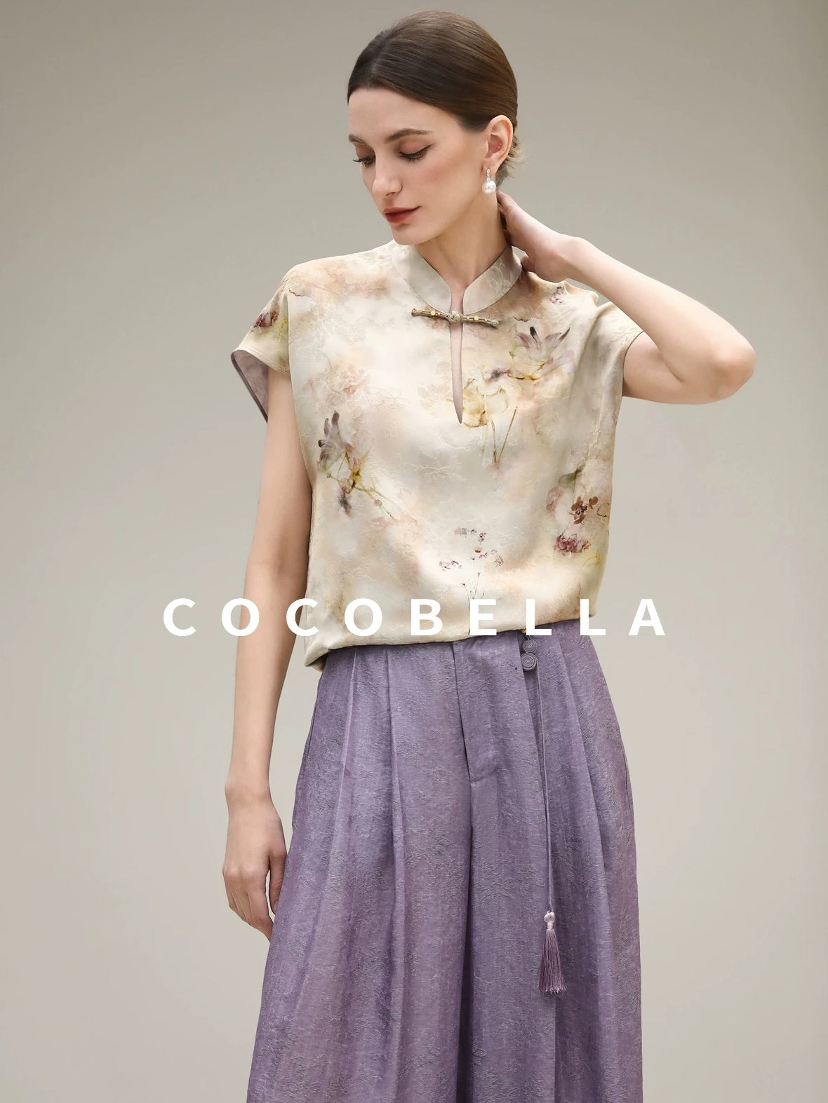 COCOBELLA Jacquard 3D Embellished Oriental Wide Leg Natural Waist Women Lyocell Pants