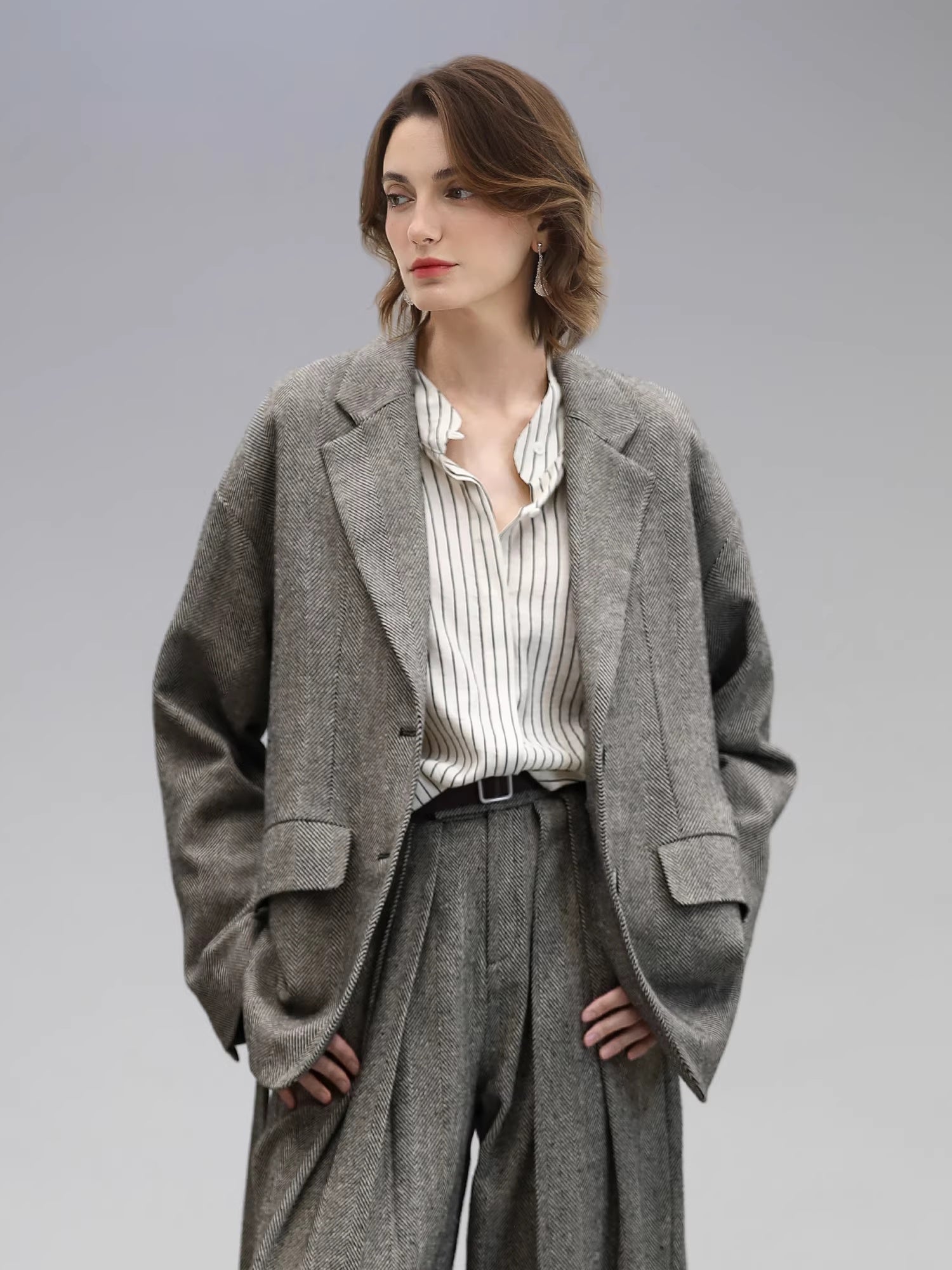 COCOBELLA_Jacquard_Herringbone_Single_Button_Straight_Fit_Office_Women_Pockets_Blazers_MISSTT