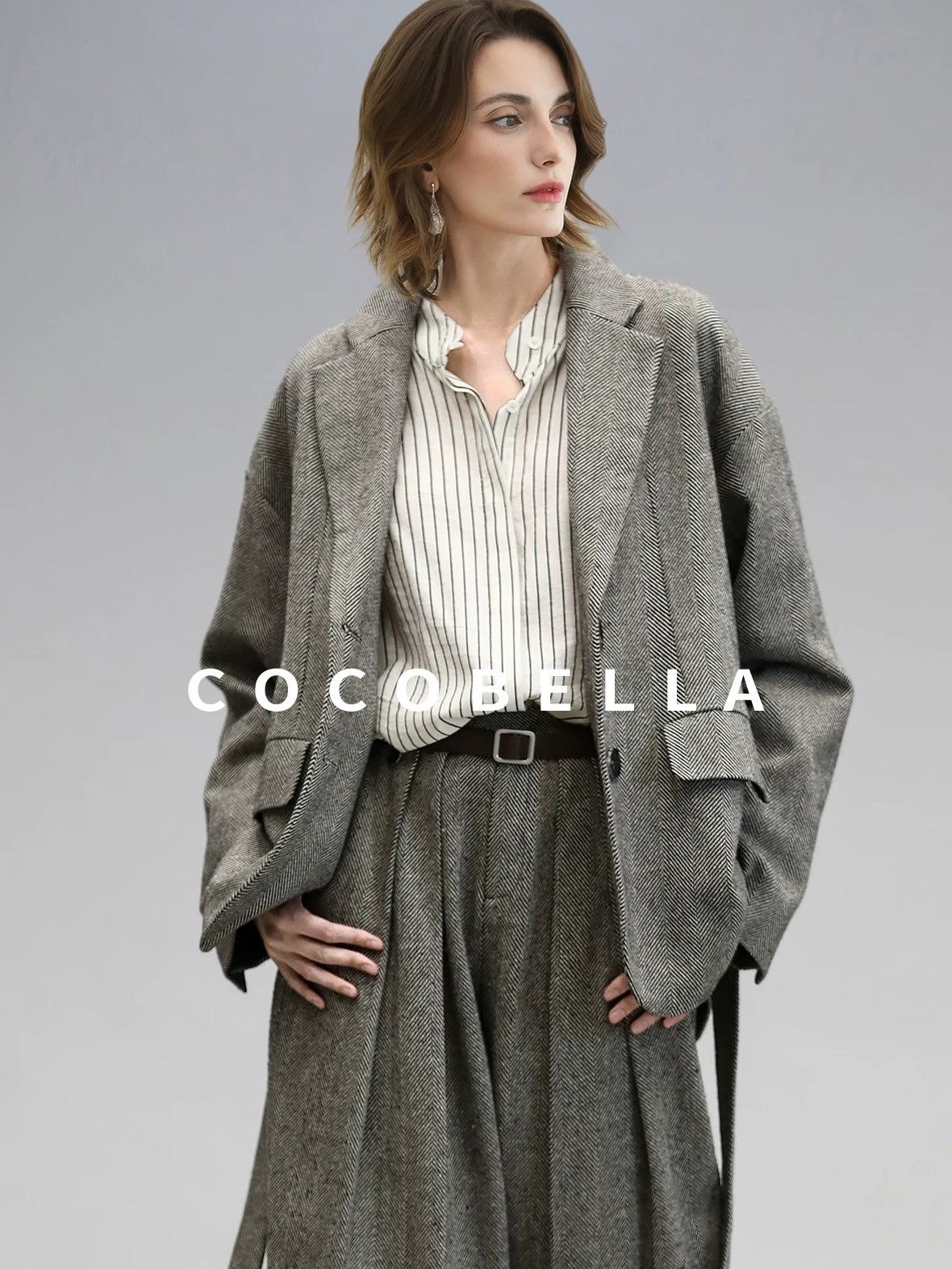 COCOBELLA Jacquard Herringbone Single Button Straight Fit Office Women Pockets Blazers