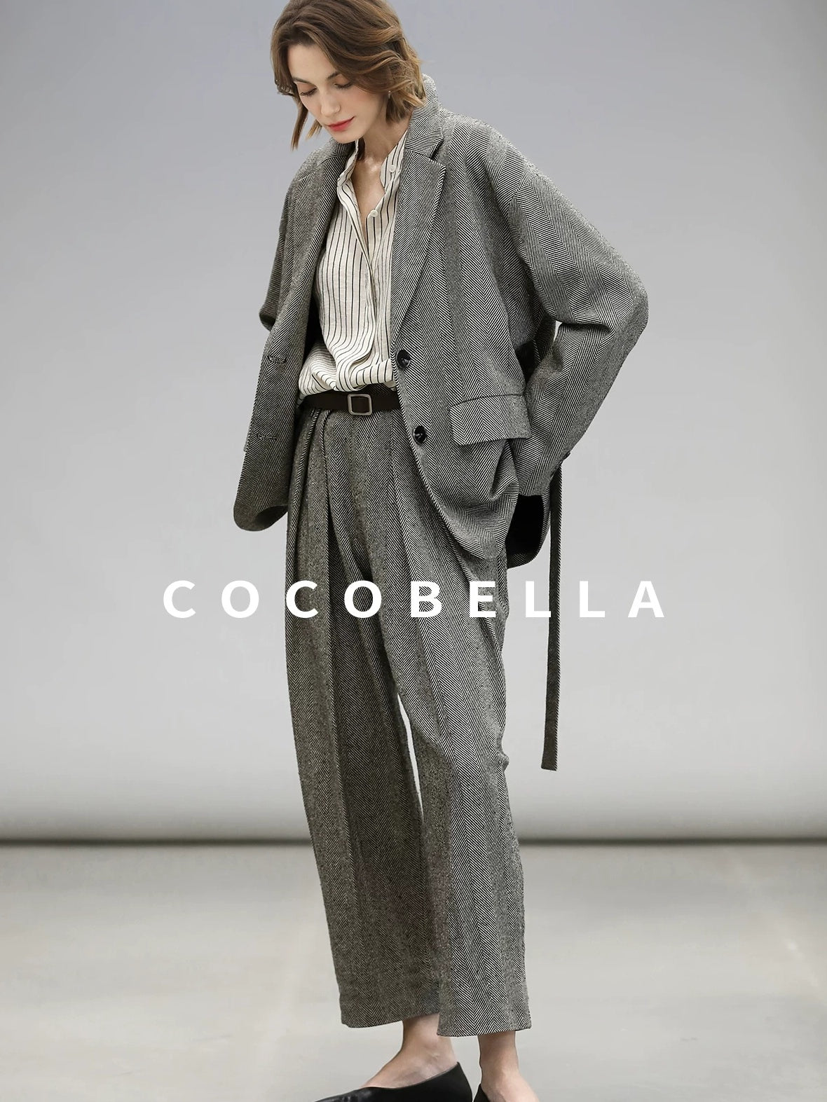 COCOBELLA Jacquard Herringbone Single Button Straight Fit Office Women Pockets Blazers