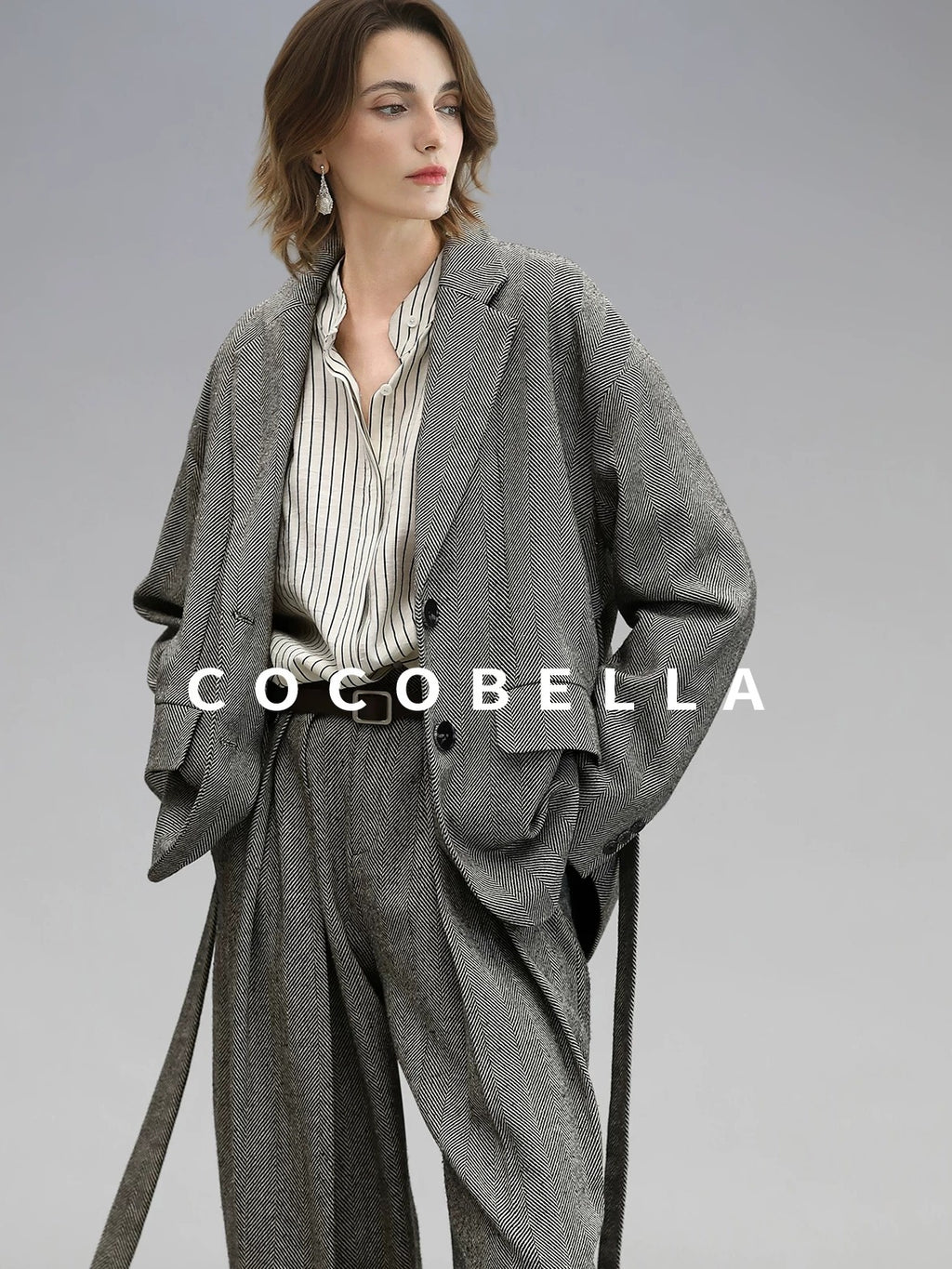 COCOBELLA Jacquard Herringbone Single Button Straight Fit Office Women Pockets Blazers