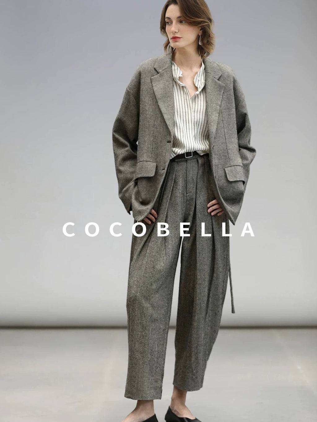 COCOBELLA Jacquard Herringbone Single Button Straight Fit Office Women Pockets Blazers