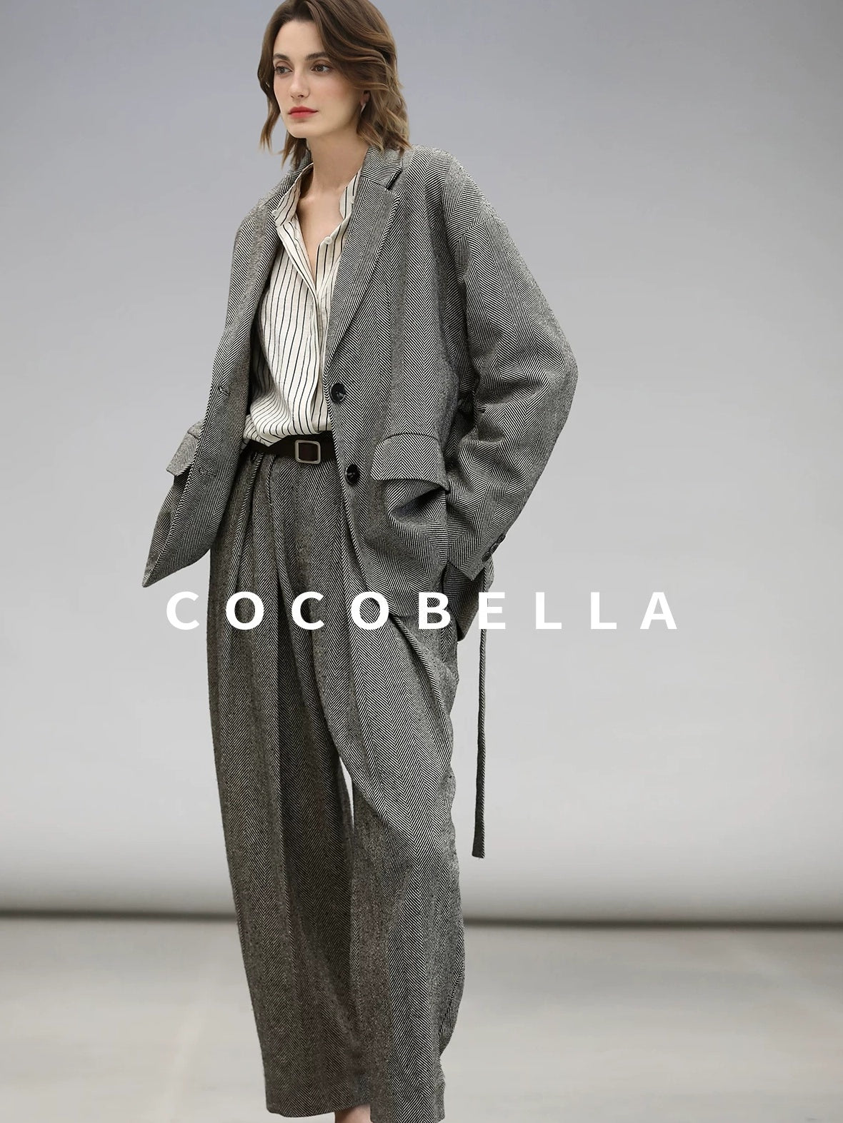 COCOBELLA Jacquard Herringbone Single Button Straight Fit Office Women Pockets Blazers