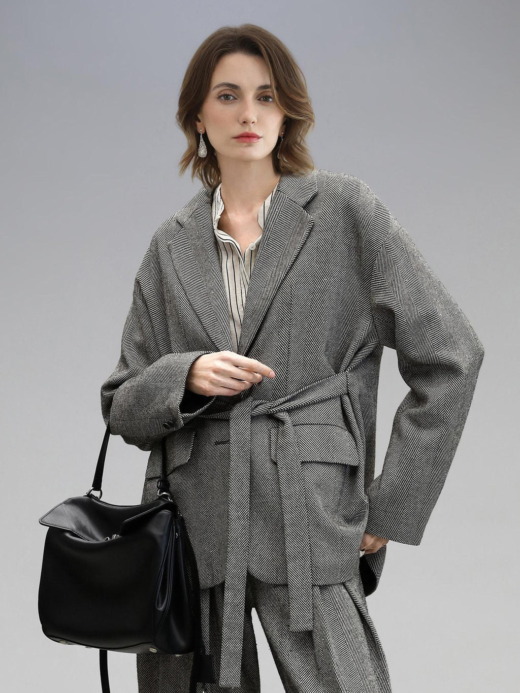 COCOBELLA Jacquard Herringbone Single Button Straight Fit Office Women Pockets Blazers