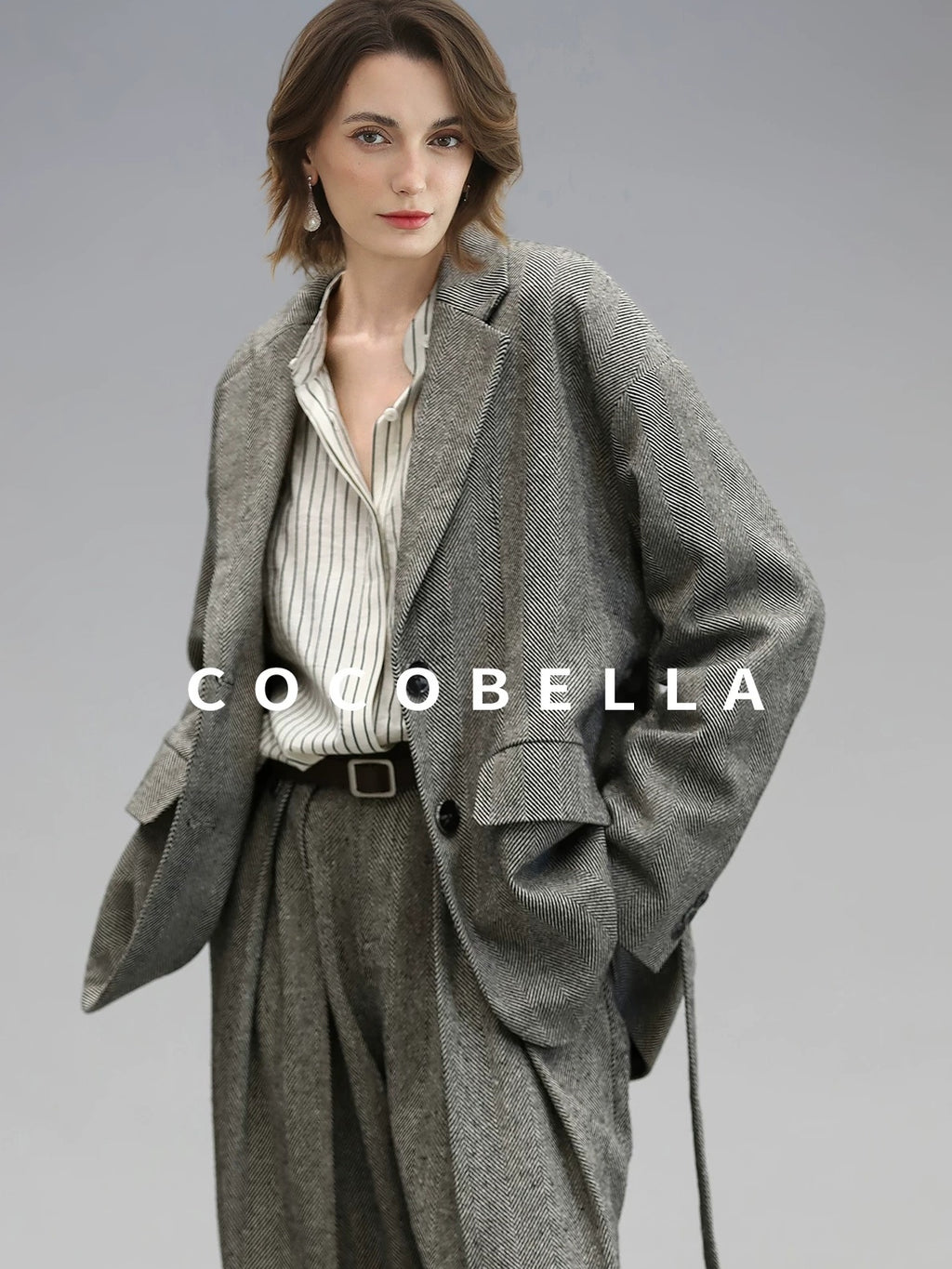 COCOBELLA Jacquard Herringbone Single Button Straight Fit Office Women Pockets Blazers