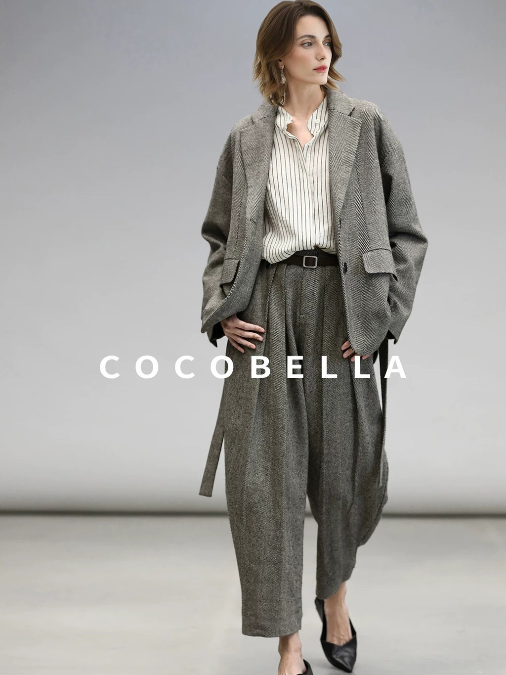 COCOBELLA Jacquard Herringbone Single Button Straight Fit Office Women Pockets Blazers