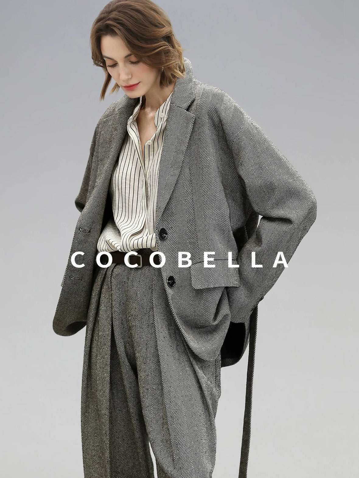 COCOBELLA Jacquard Herringbone Single Button Straight Fit Office Women Pockets Blazers