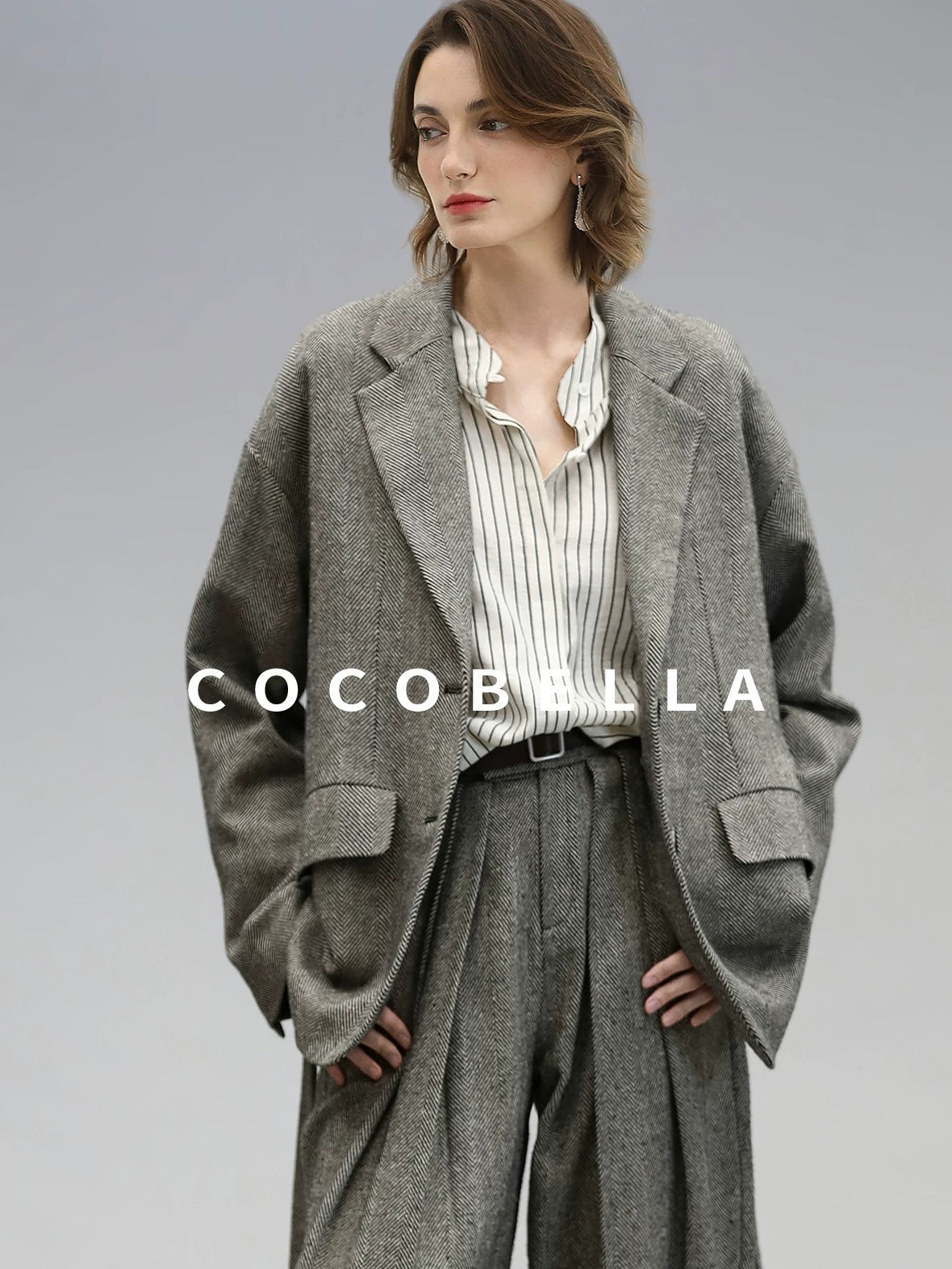 COCOBELLA Jacquard Herringbone Single Button Straight Fit Office Women Pockets Blazers