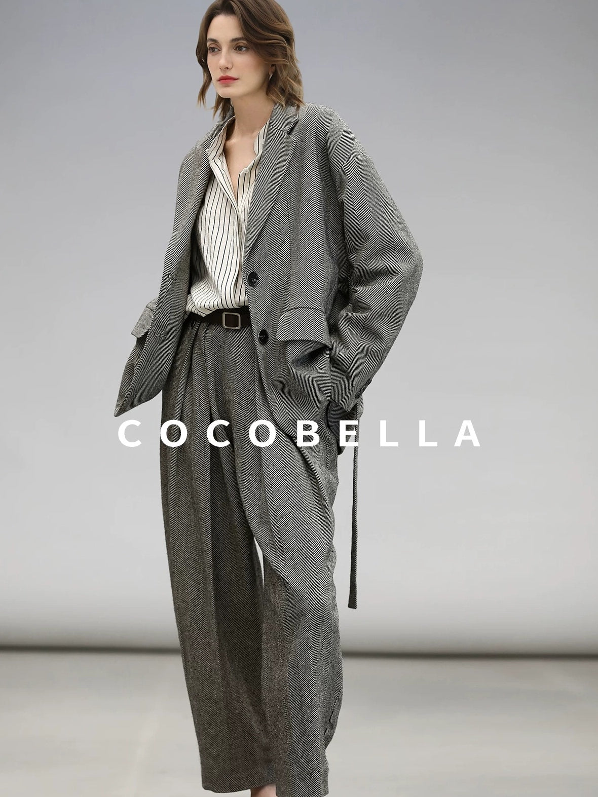 COCOBELLA Jacquard Herringbone Single Button Straight Fit Office Women Pockets Blazers