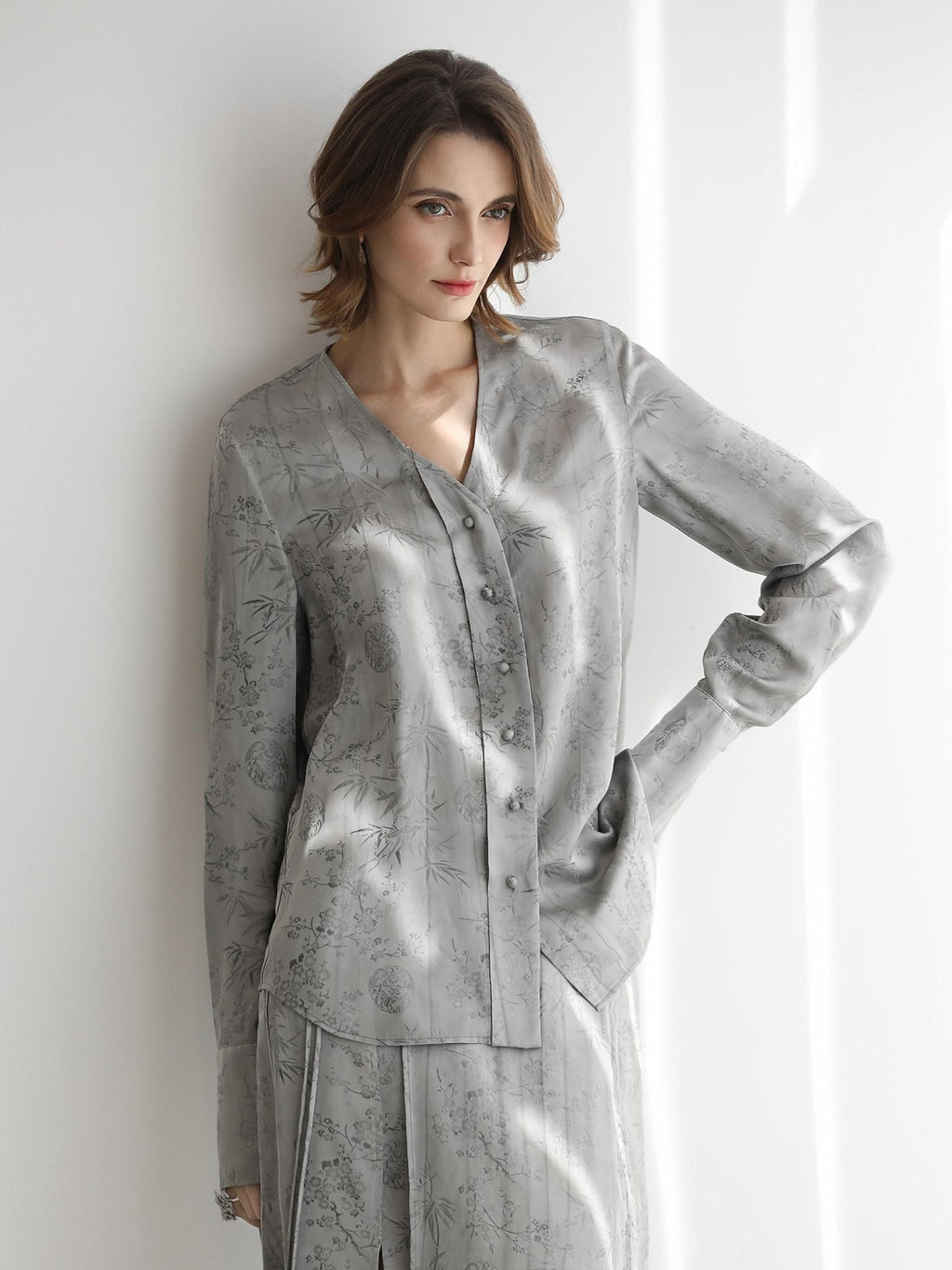 COCOBELLA Jacquard V Neck Long Sleeve Straight Cut Elegant Office Women Rayon Blend Shirts