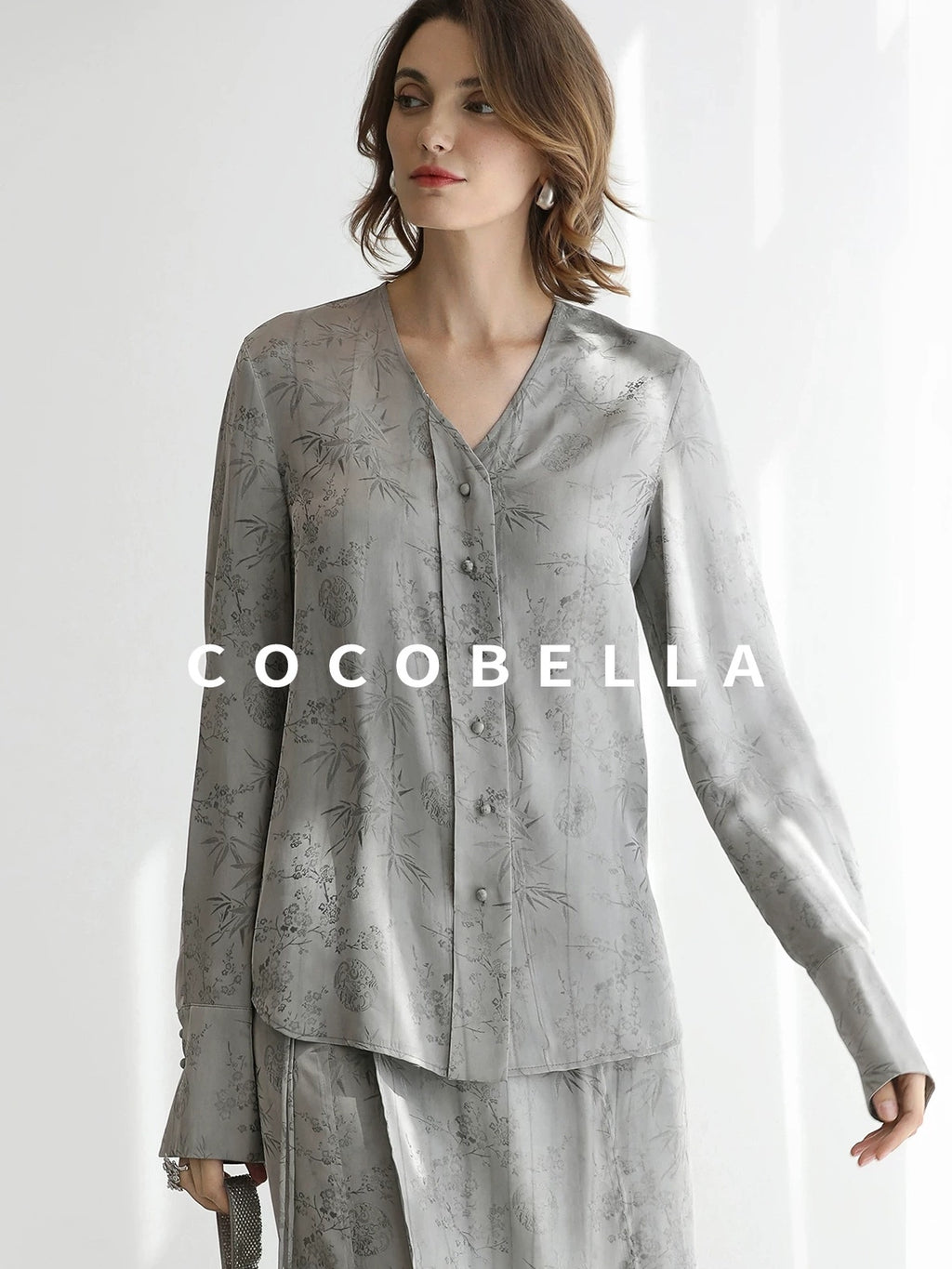 COCOBELLA Jacquard V Neck Long Sleeve Straight Cut Elegant Office Women Rayon Blend Shirts