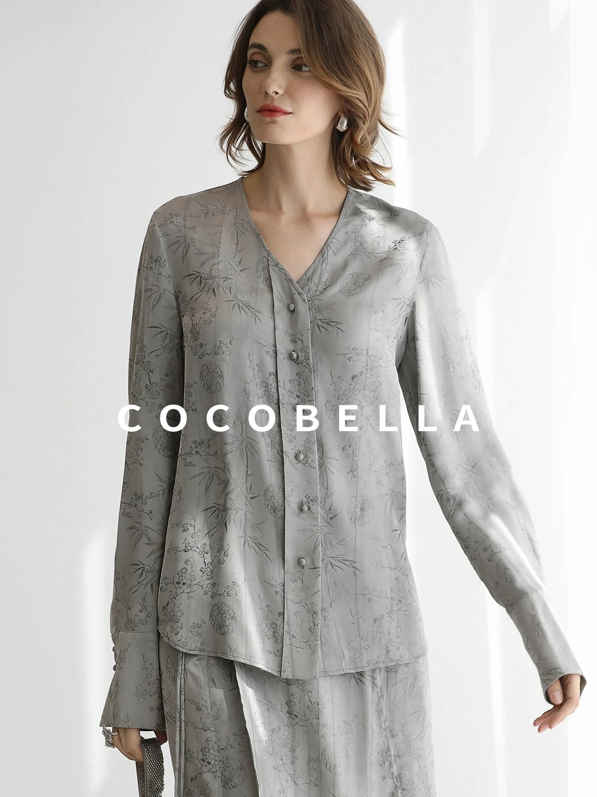 COCOBELLA Jacquard V Neck Long Sleeve Straight Cut Elegant Office Women Rayon Blend Shirts