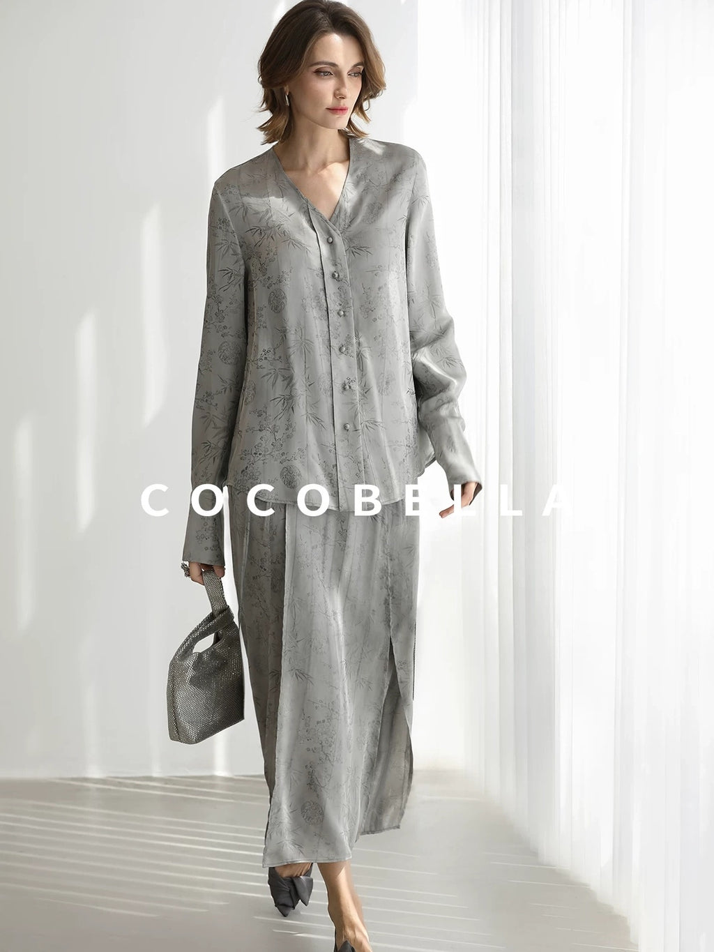 COCOBELLA Jacquard V Neck Long Sleeve Straight Cut Elegant Office Women Rayon Blend Shirts