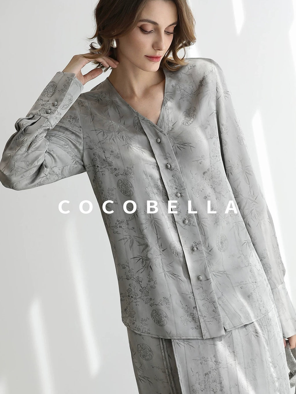 COCOBELLA Jacquard V Neck Long Sleeve Straight Cut Elegant Office Women Rayon Blend Shirts