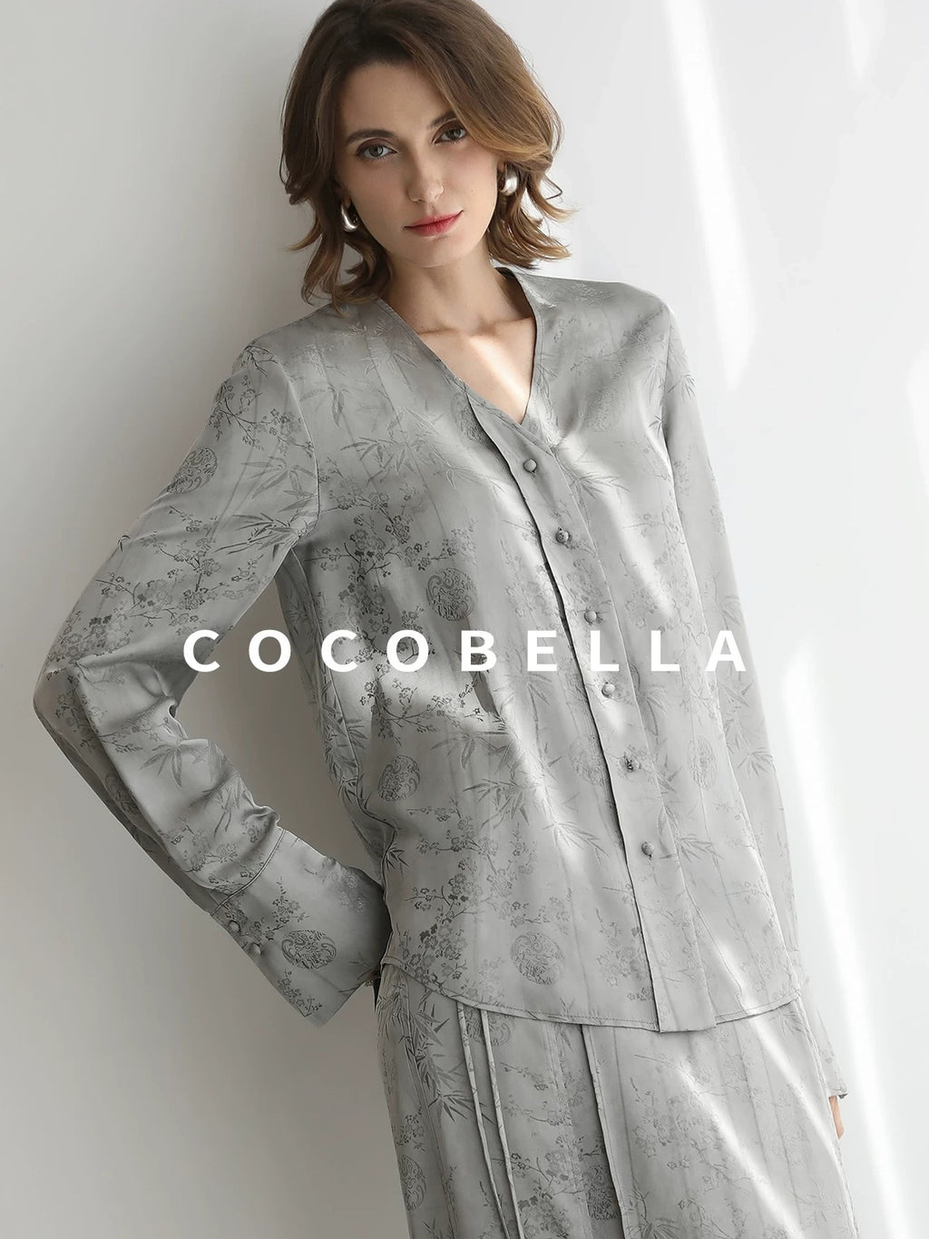COCOBELLA Jacquard V Neck Long Sleeve Straight Cut Elegant Office Women Rayon Blend Shirts