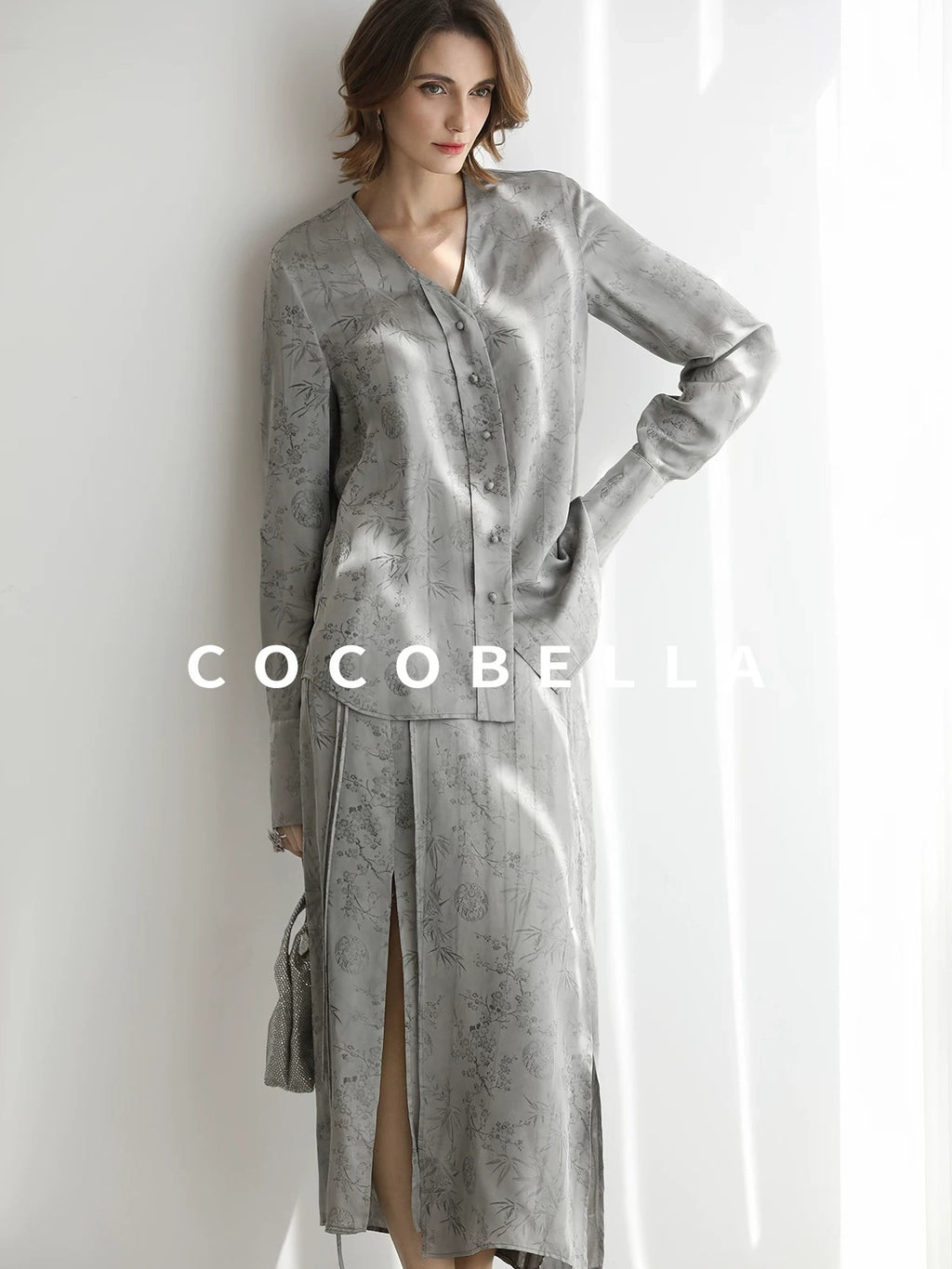 COCOBELLA Jacquard V Neck Long Sleeve Straight Cut Elegant Office Women Rayon Blend Shirts