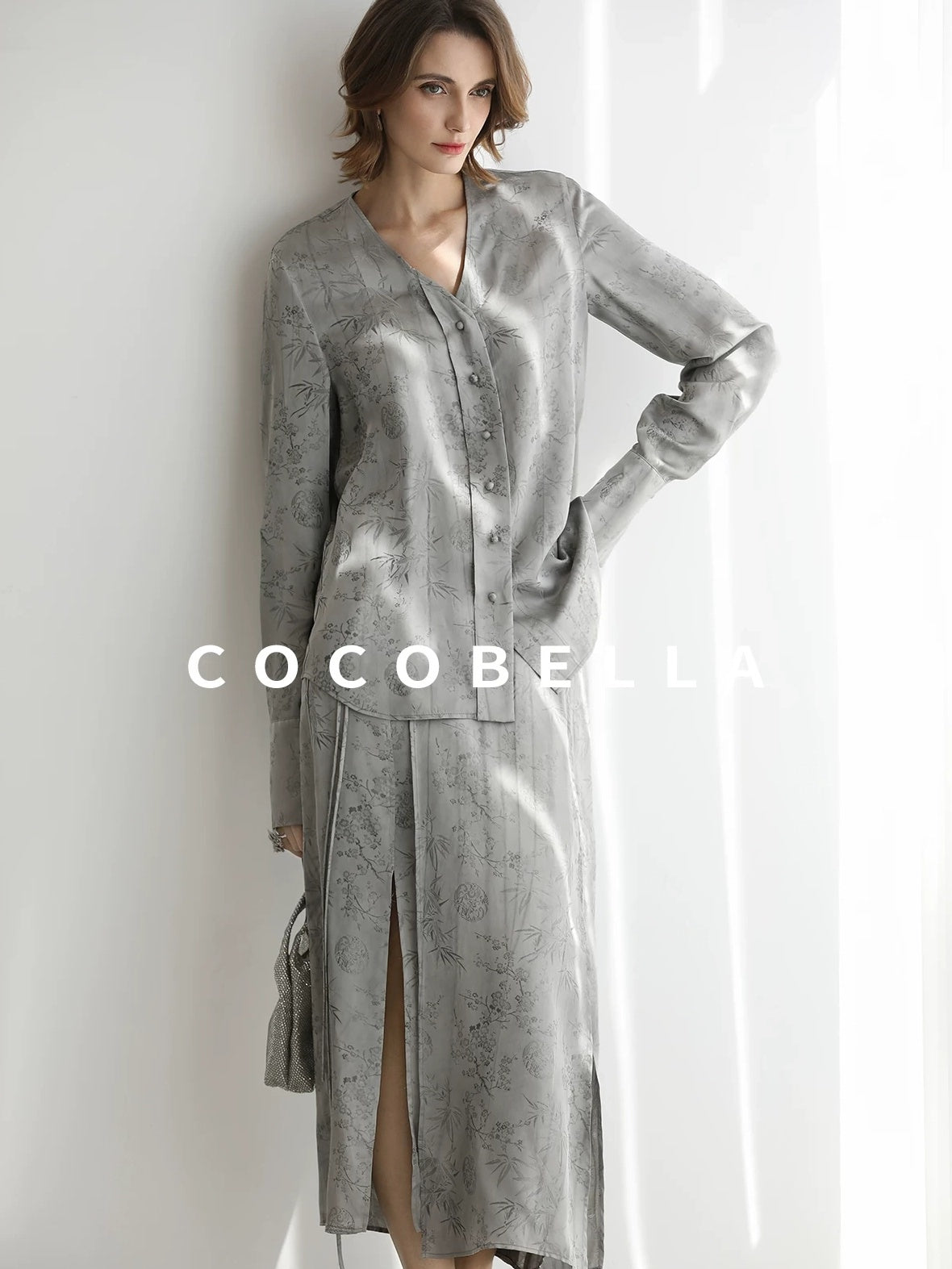 COCOBELLA Jacquard V Neck Long Sleeve Straight Cut Elegant Office Women Rayon Blend Shirts