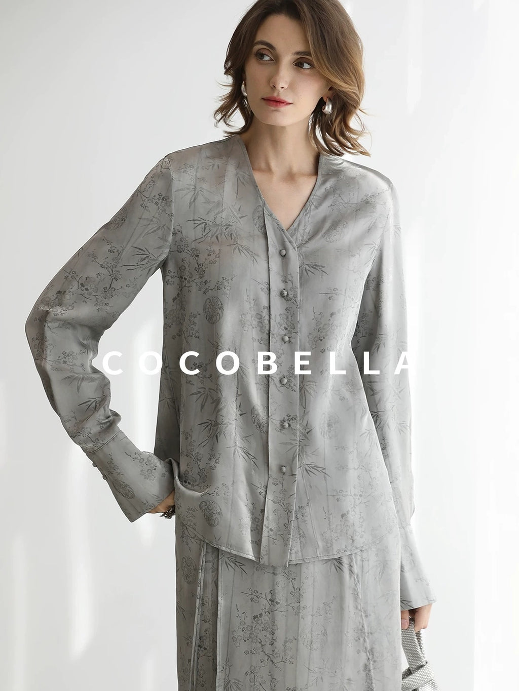 COCOBELLA Jacquard V Neck Long Sleeve Straight Cut Elegant Office Women Rayon Blend Shirts