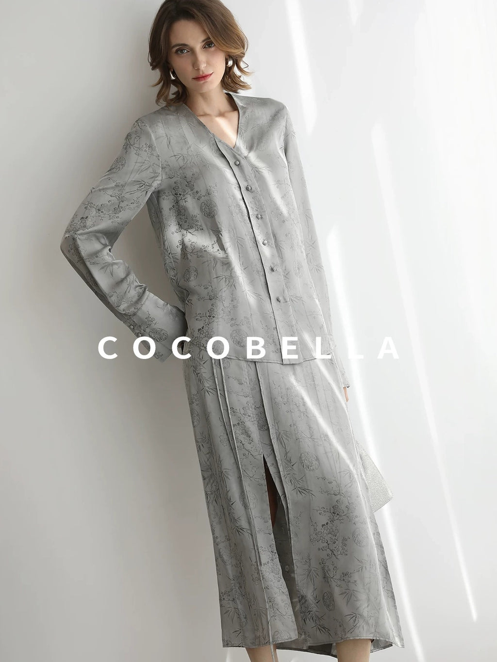 COCOBELLA Jacquard V Neck Long Sleeve Straight Cut Elegant Office Women Rayon Blend Shirts