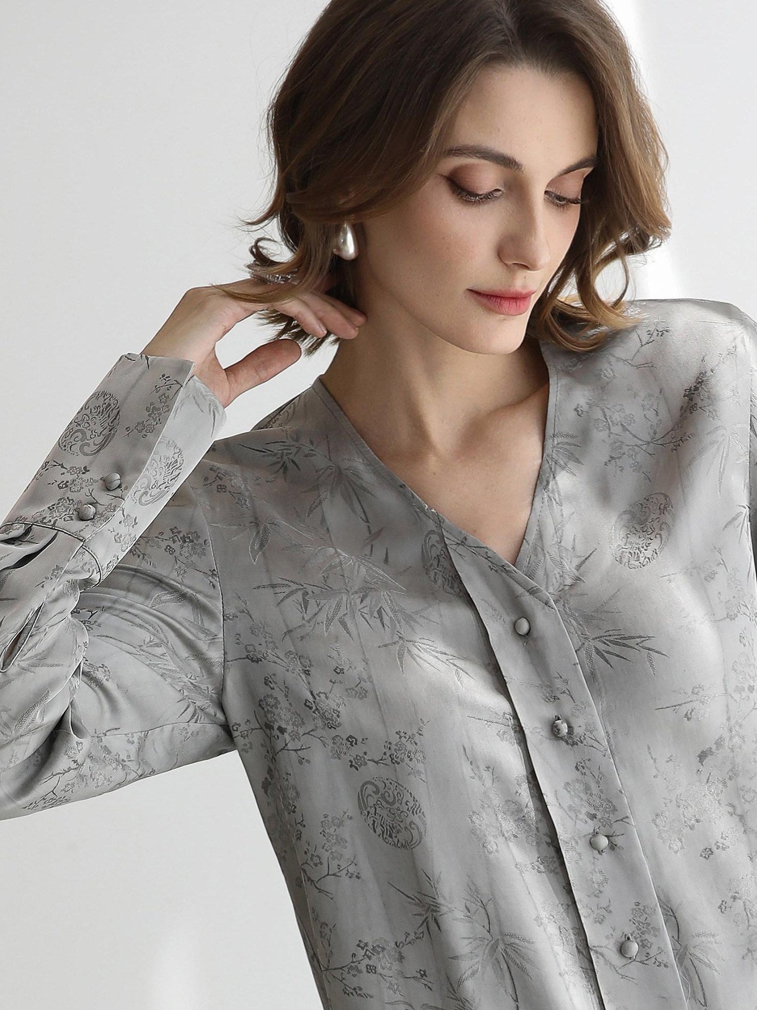 COCOBELLA Jacquard V Neck Long Sleeve Straight Cut Elegant Office Women Rayon Blend Shirts