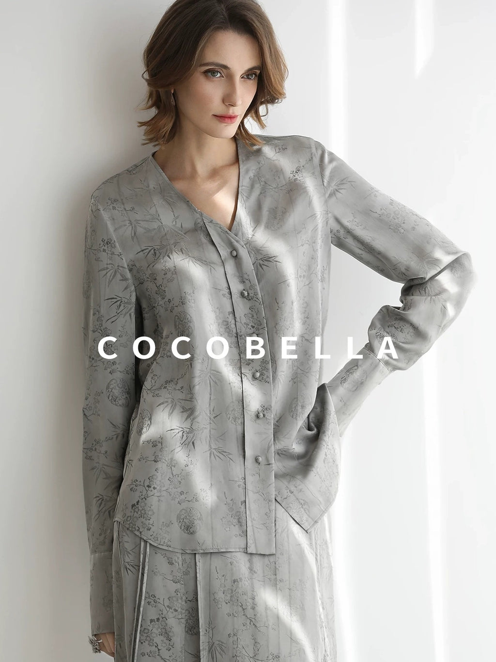 COCOBELLA Jacquard V Neck Long Sleeve Straight Cut Elegant Office Women Rayon Blend Shirts