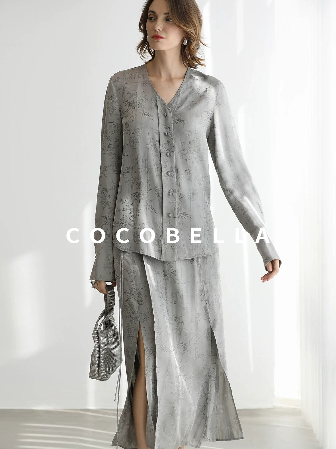 COCOBELLA Jacquard V Neck Long Sleeve Straight Cut Elegant Office Women Rayon Blend Shirts