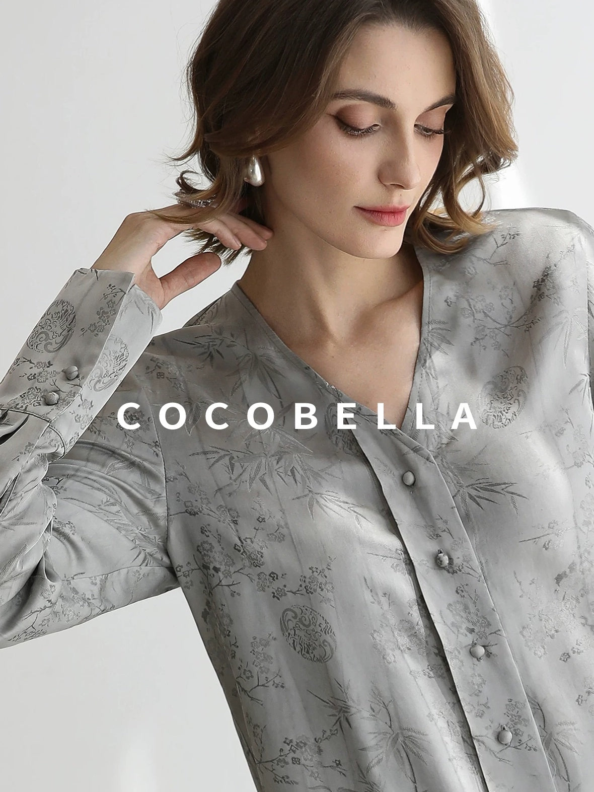 COCOBELLA Jacquard V Neck Long Sleeve Straight Cut Elegant Office Women Rayon Blend Shirts