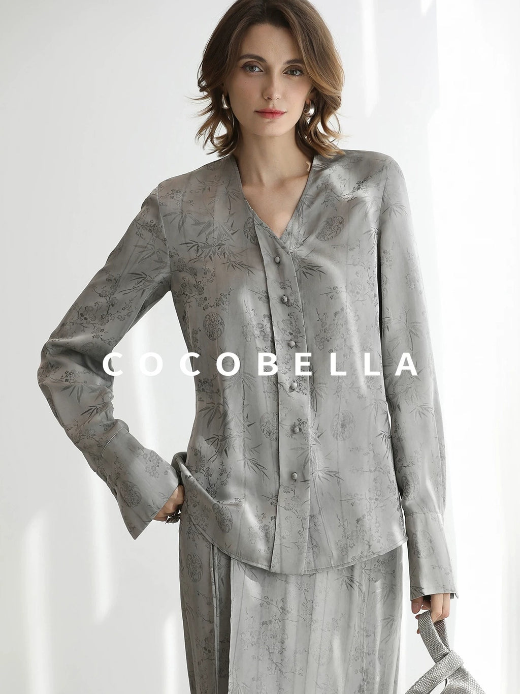 COCOBELLA Jacquard V Neck Long Sleeve Straight Cut Elegant Office Women Rayon Blend Shirts