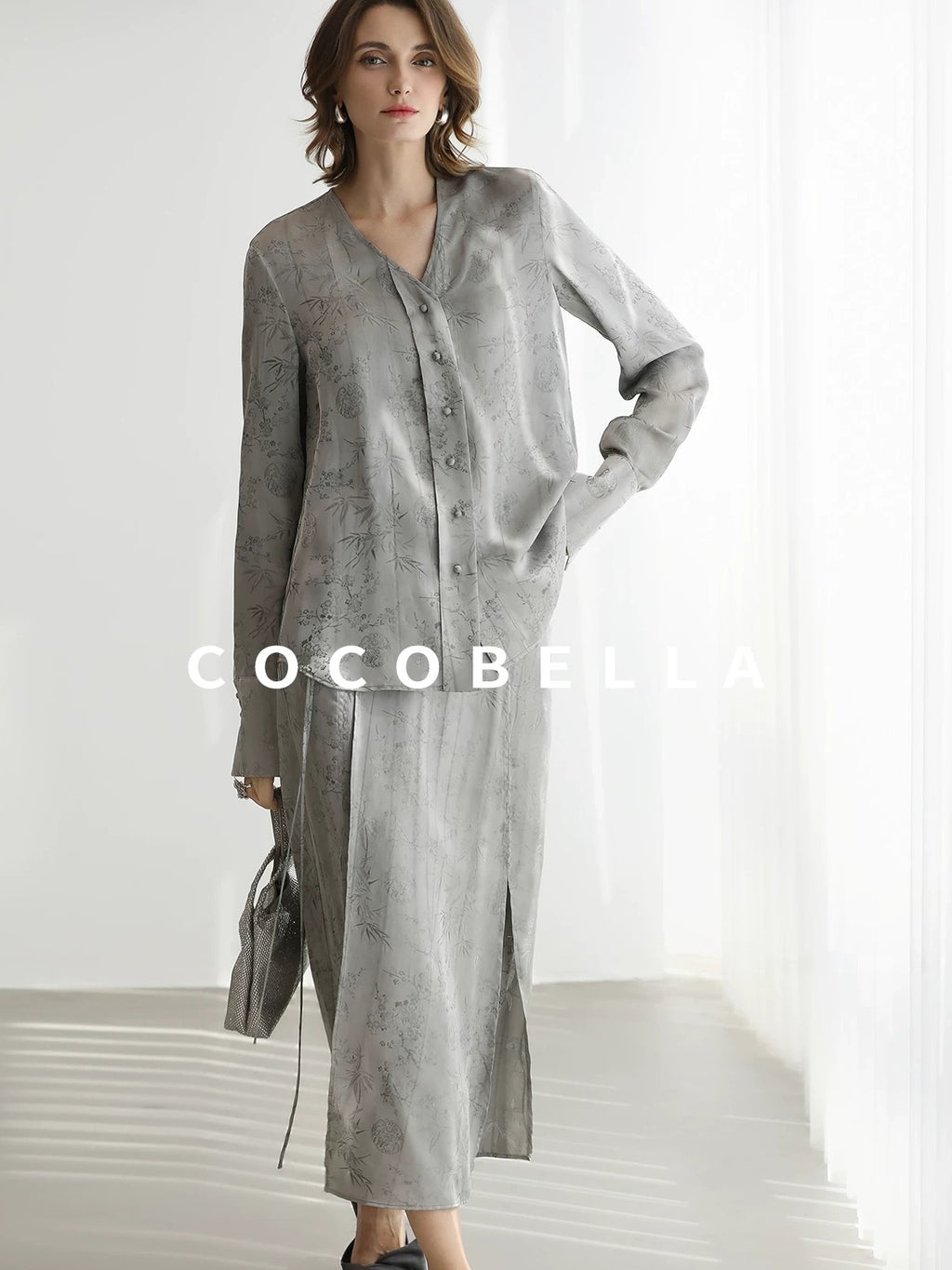 COCOBELLA Jacquard V Neck Long Sleeve Straight Cut Elegant Office Women Rayon Blend Shirts