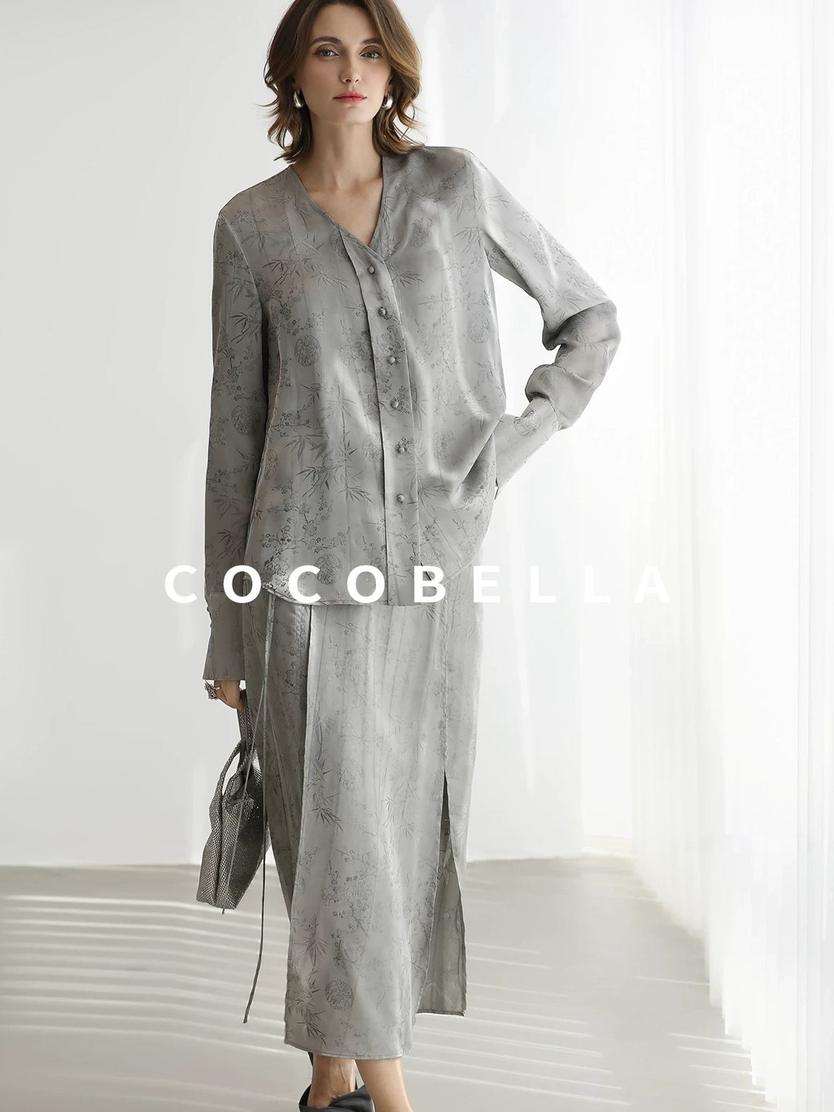 COCOBELLA Jacquard V Neck Long Sleeve Straight Cut Elegant Office Women Rayon Blend Shirts