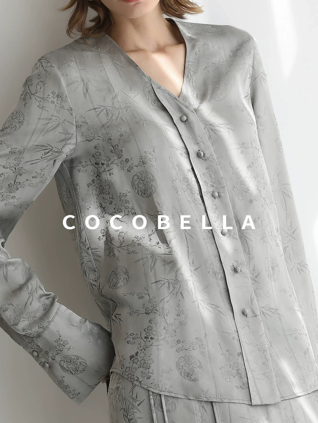 COCOBELLA Jacquard V Neck Long Sleeve Straight Cut Elegant Office Women Rayon Blend Shirts