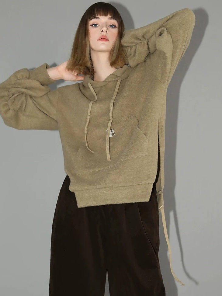 COCOBELLA Kangaroo Pocket Drawstring Streetwear Loose Fit Lantern Sleeves Hooded Hoodies