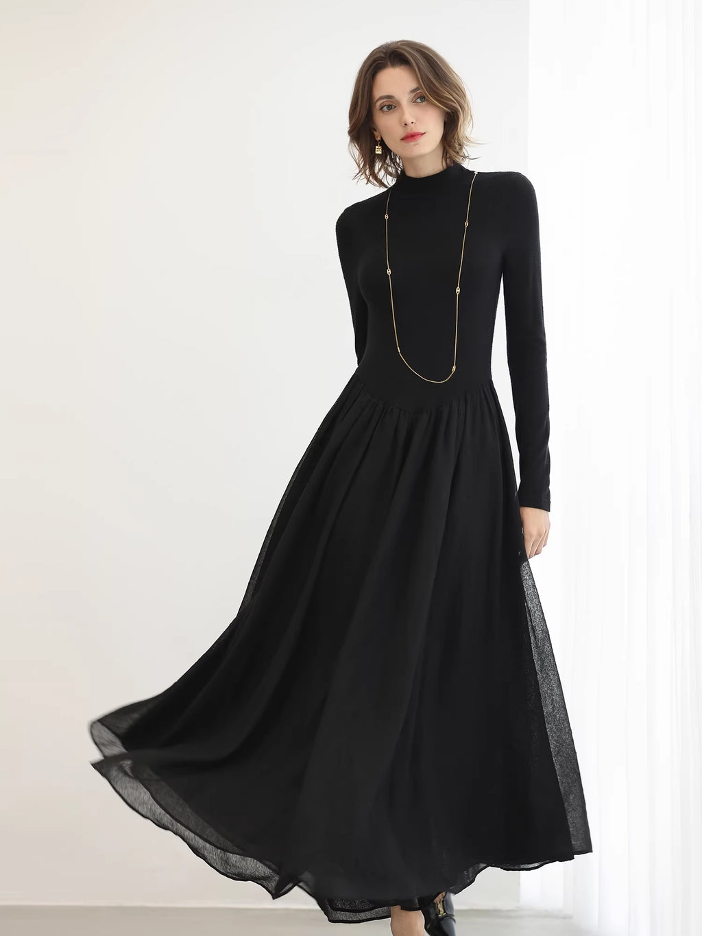 COCOBELLA_Knit_Viscose_Ruching_Patchwork_A_Line_Waist_Cinch_Office_Black_Dresses_MISSTT