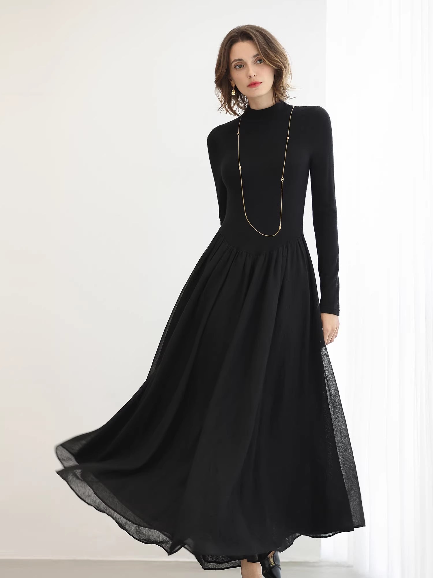 COCOBELLA_Knit_Viscose_Ruching_Patchwork_A_Line_Waist_Cinch_Office_Black_Dresses_MISSTT