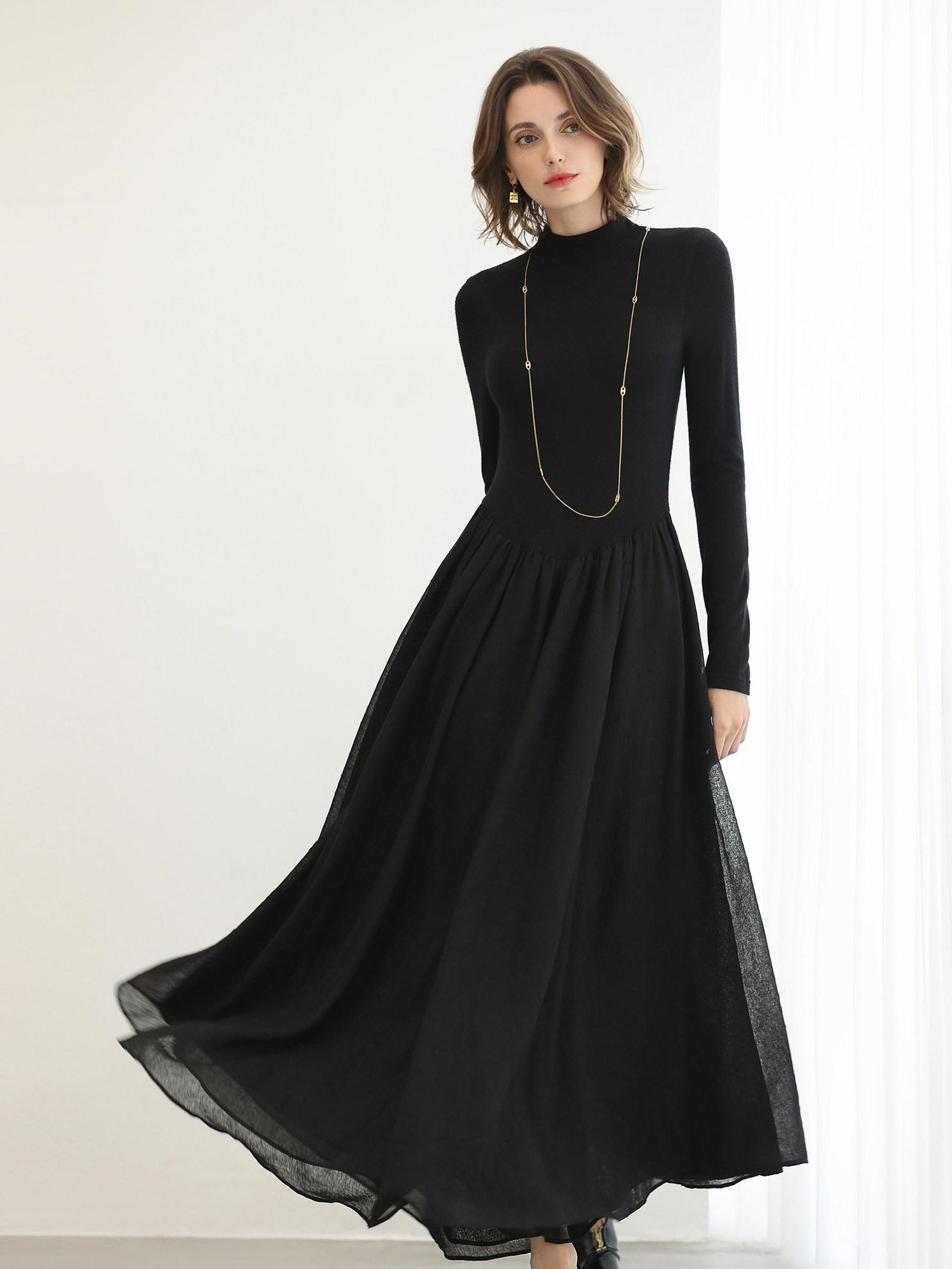 COCOBELLA Knit Viscose Ruching Patchwork A Line Waist Cinch Office Black Dresses