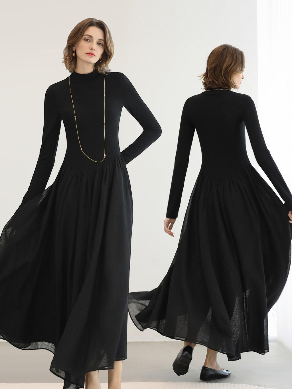 COCOBELLA Knit Viscose Ruching Patchwork A Line Waist Cinch Office Black Dresses