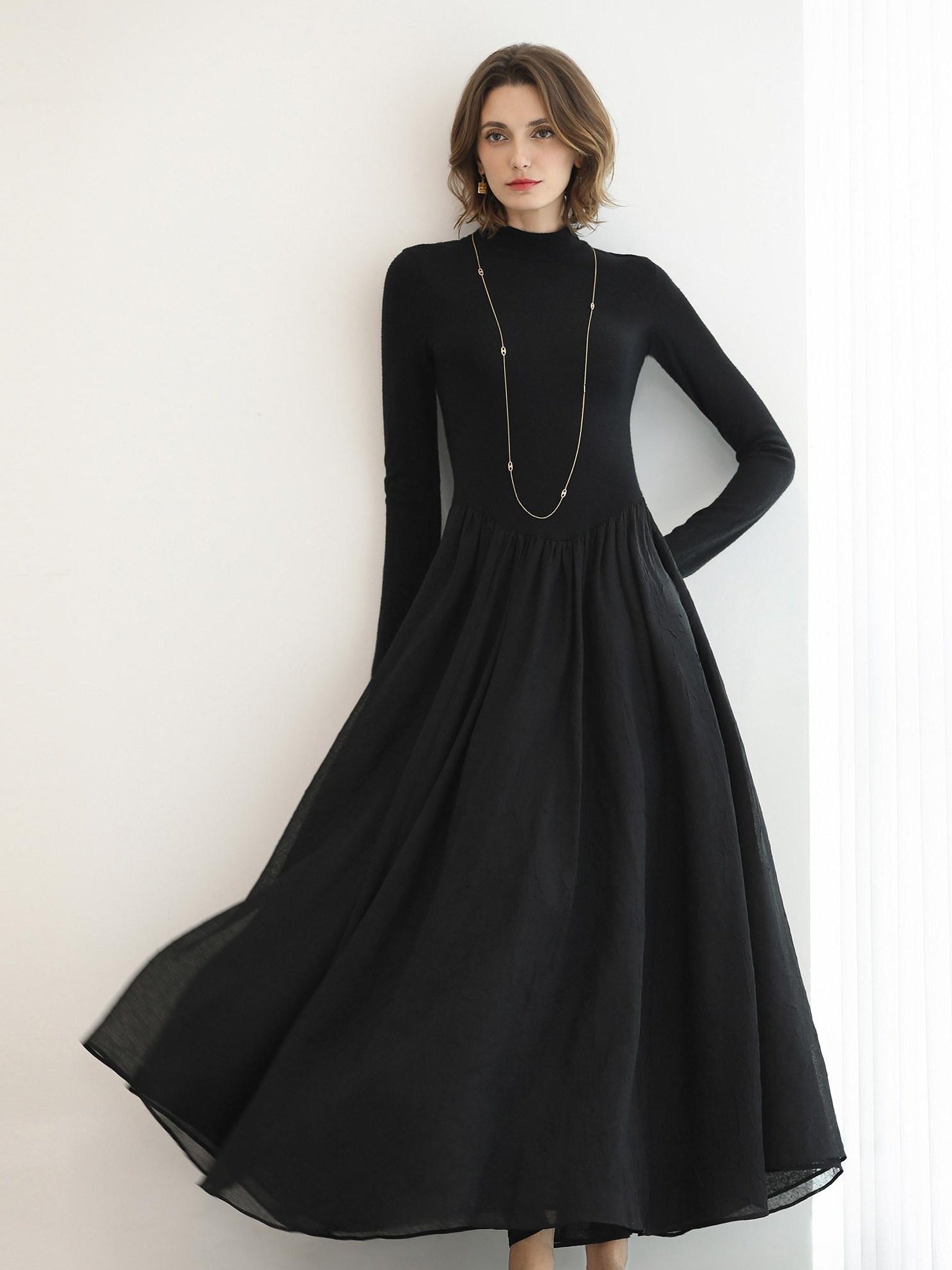 COCOBELLA Knit Viscose Ruching Patchwork A Line Waist Cinch Office Black Dresses