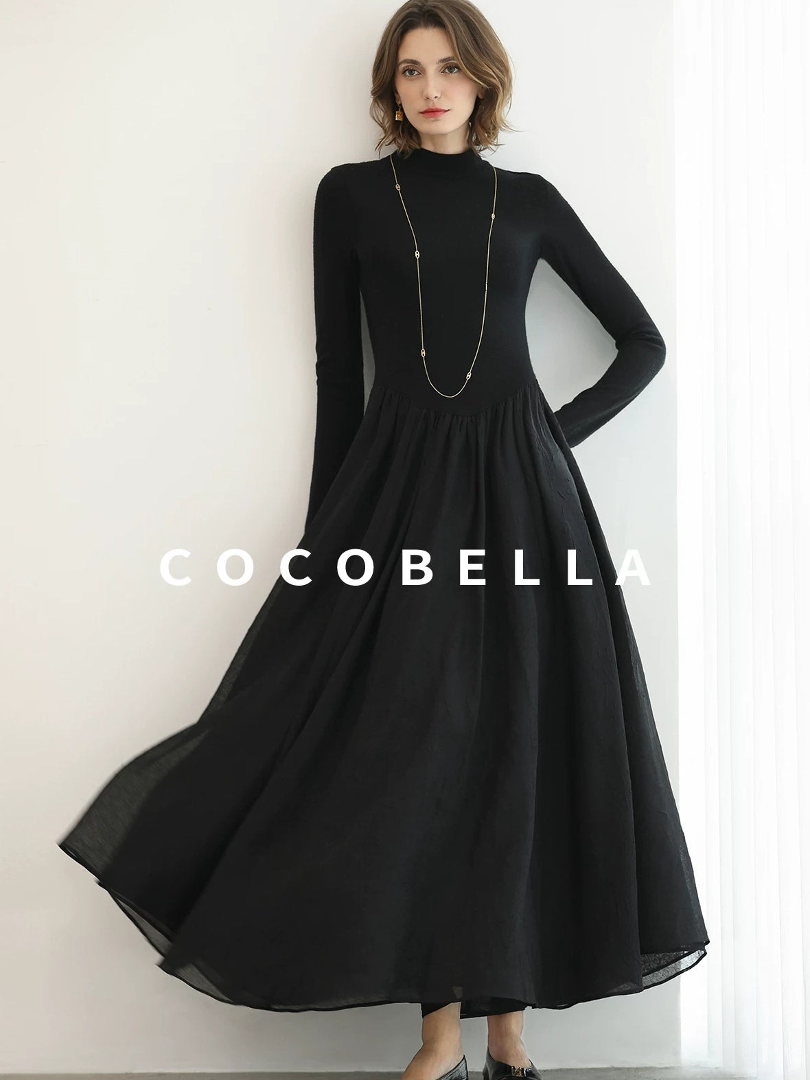 COCOBELLA Knit Viscose Ruching Patchwork A Line Waist Cinch Office Black Dresses