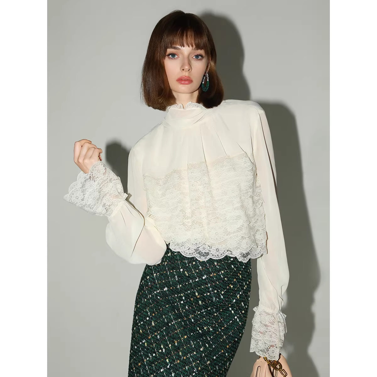 COCOBELLA_Lace_Patchwork_Pleated_Commuter_Straight_Fit_Stand_Collar_Womens_Blouse_Shirts_MISSTT