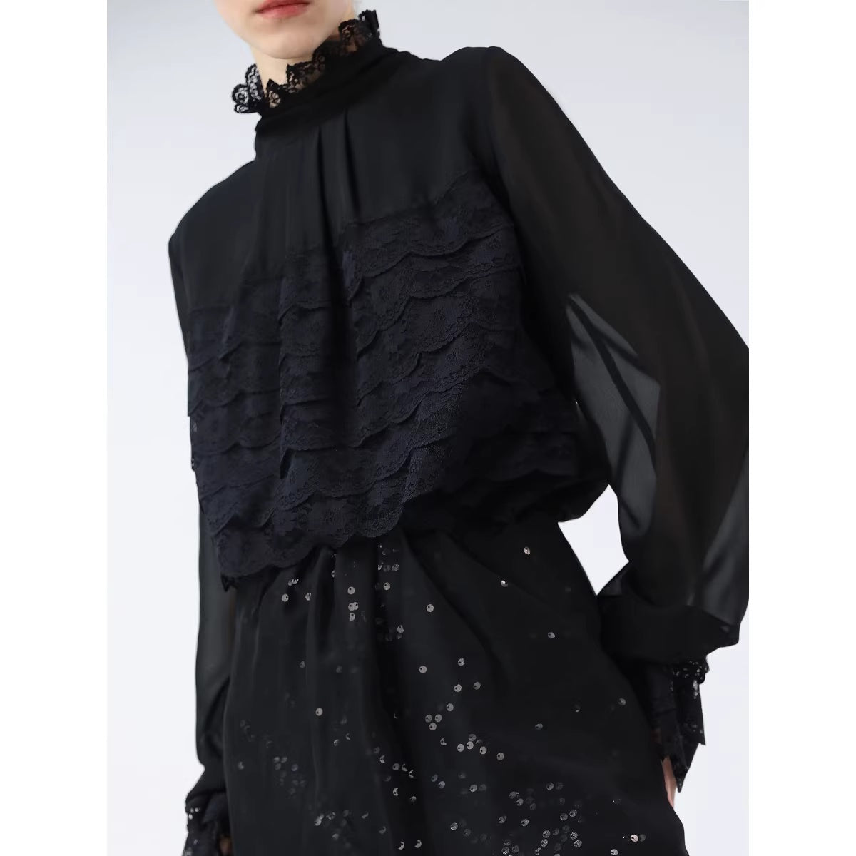 COCOBELLA_Lace_Patchwork_Pleated_Commuter_Straight_Fit_Stand_Collar_Womens_Blouse_Shirts_MISSTT