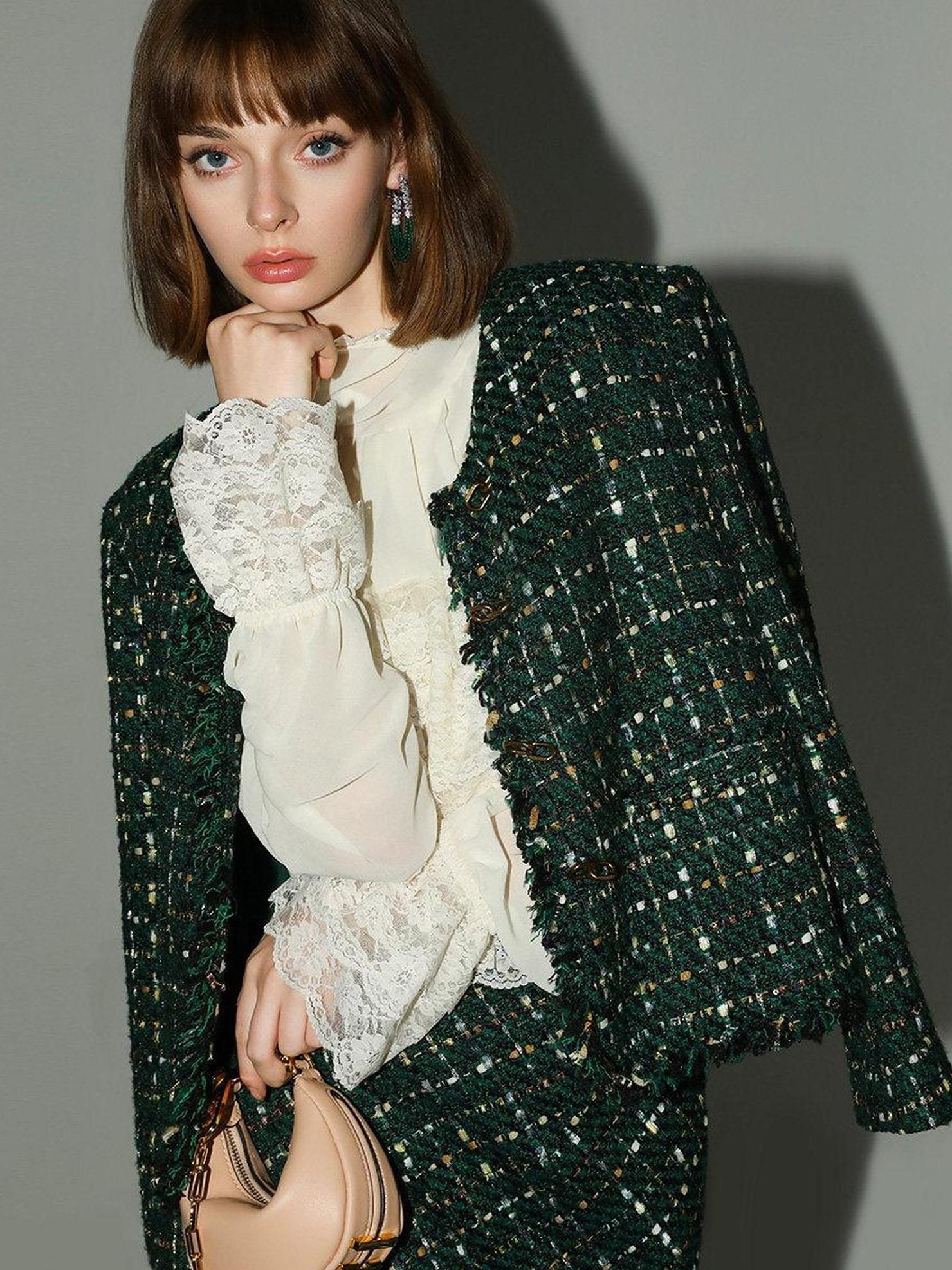 COCOBELLA Lace Patchwork Pleated Commuter Straight Fit Stand Collar Womens Blouse Shirts