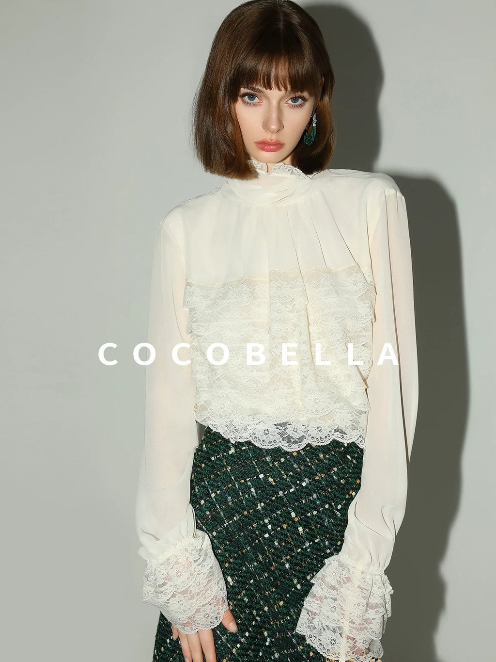 COCOBELLA Lace Patchwork Pleated Commuter Straight Fit Stand Collar Womens Blouse Shirts