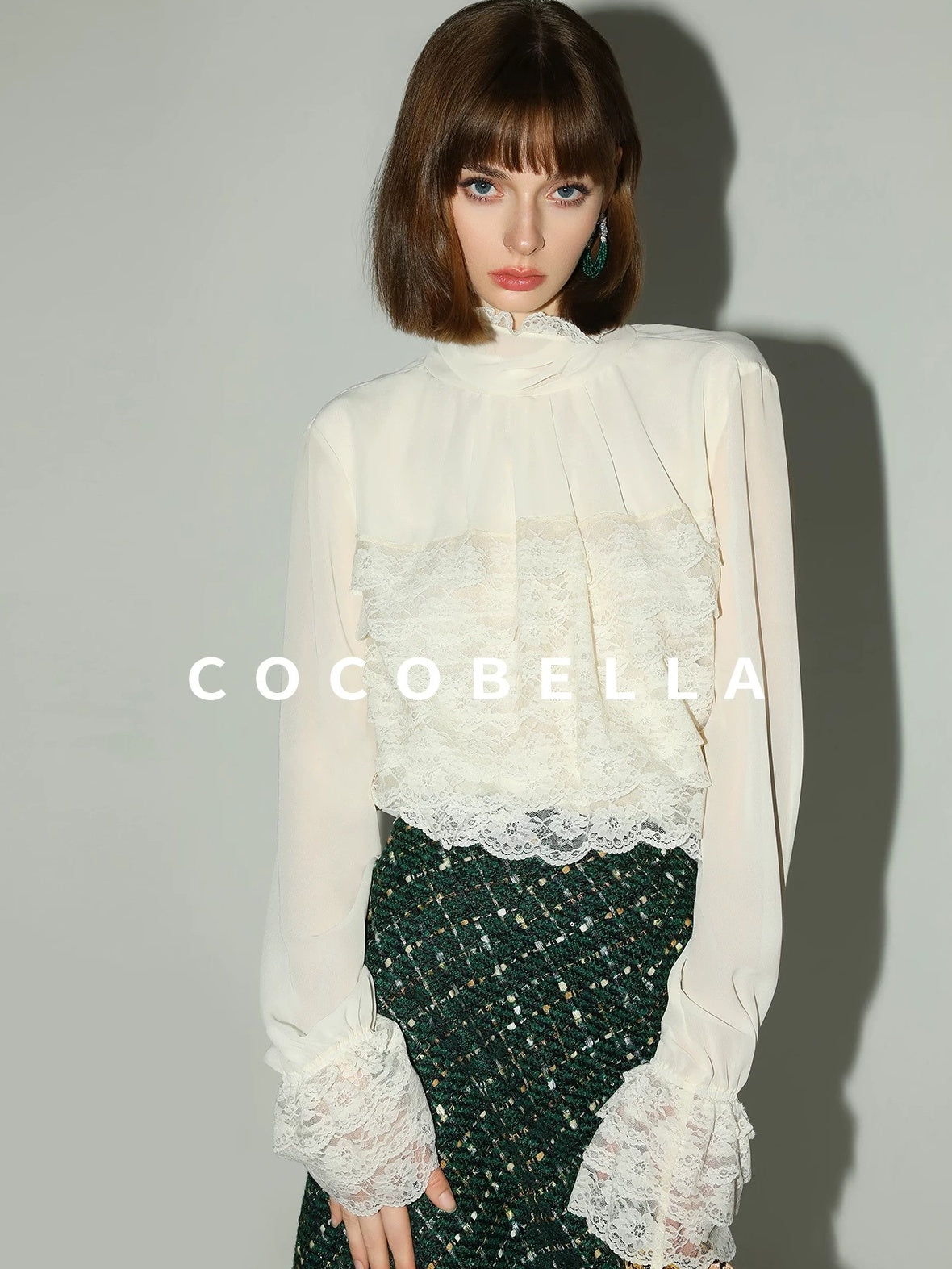 COCOBELLA Lace Patchwork Pleated Commuter Straight Fit Stand Collar Womens Blouse Shirts