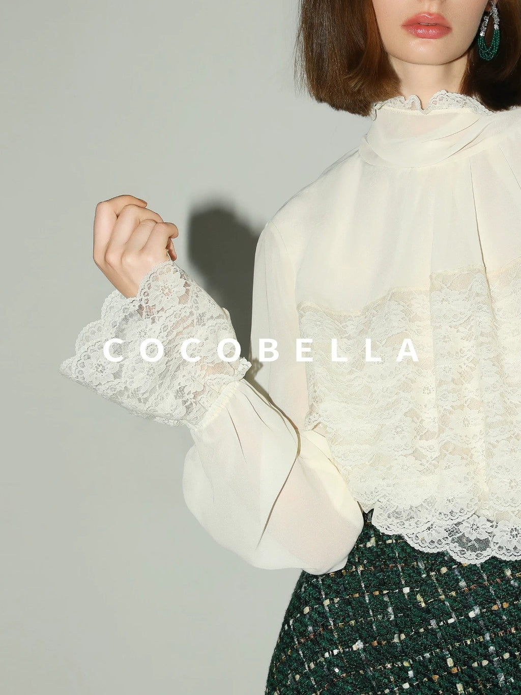 COCOBELLA Lace Patchwork Pleated Commuter Straight Fit Stand Collar Womens Blouse Shirts