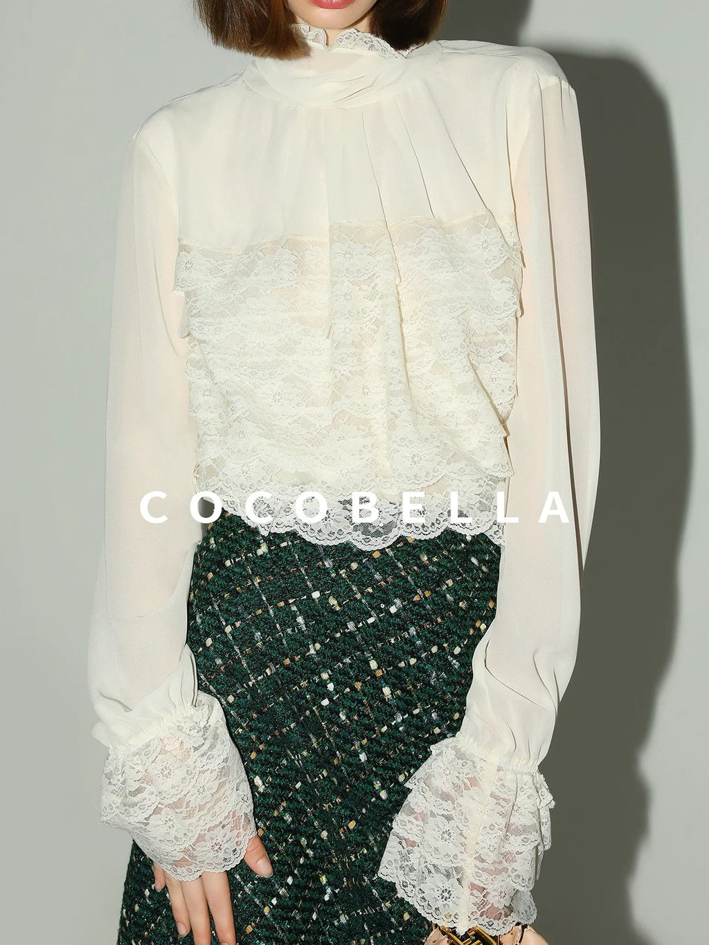 COCOBELLA Lace Patchwork Pleated Commuter Straight Fit Stand Collar Womens Blouse Shirts