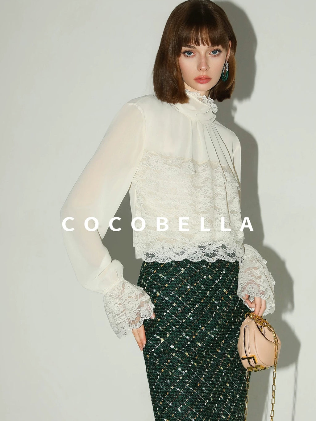 COCOBELLA Lace Patchwork Pleated Commuter Straight Fit Stand Collar Womens Blouse Shirts